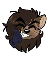  alpha_channel anthro brown_hair closed_eyes clothing digital_media_(artwork) emote eyebrows female gesture gloves hair hand_gesture handwear headshot_portrait helena_(bonk6) hyena mammal outline portrait smile solo thumbs_up yaddoriart 