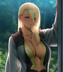  asticassia_school_uniform backlighting blonde_hair blue_eyes blush breasts cleavage dark-skinned_female dark_skin doorway female forest genderswap_(mtf) gundam gundam_suisei_no_majo highres jacket jewelry large_breasts long_hair looking_at_viewer nature necklace open_clothes open_jacket open_shirt otosama rule_63 school_uniform shaddiq_zenelli shoulder_boards 