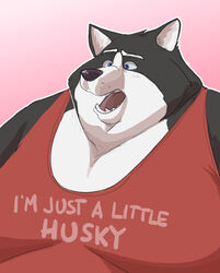  anthro belly black_body black_fur canid canine canis captainjusticevirtsuoso clothed clothing domestic_dog english_text fur hi_res husky justicecaptainv male mammal moobs nordic_sled_dog obese obese_anthro obese_male open_mouth overweight overweight_anthro overweight_male shirt solo spitz tank_top teeth text text_on_clothing text_on_shirt text_on_tank_top text_on_topwear tongue topwear white_body white_fur 