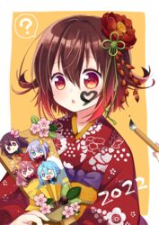  2022 ? brown_hair calligraphy_brush commentary_request facepaint female floral_print flower gradient_hair hagoita hair_flower hair_ornament japanese_clothes kantai_collection kimono kisaragi_(kancolle) mikazuki_(kancolle) multicolored_hair mutsuki_(kancolle) nagasioo new_year official_alternate_costume paddle paintbrush red_hair red_kimono short_hair solo spoken_question_mark twitter_username upper_body uzuki_(kancolle) yayoi_(kancolle) 