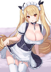  alternate_costume apron azur_lane bed belfast_(azur_lane) belfast_(azur_lane)_(cosplay) blonde_hair blush breasts cleavage collarbone commentary_request cosplay dress enmaided female hair_ribbon large_breasts long_hair looking_at_viewer maid maid_apron maid_headdress nelson_(azur_lane) pensuke red_eyes ribbon solo thighhighs twintails very_long_hair 