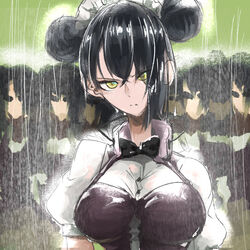  agent_(girls&#039;_frontline) asymmetrical_hair black_bow black_bowtie black_dress black_hair blurry blurry_background bow bowtie breasts buttons clone closed_mouth commentary_request double_bun dress eyes_visible_through_hair female frown girls&#039;_frontline glaring green_sky hair_between_eyes hair_bun hair_over_one_eye head_tilt highres large_breasts looking_at_viewer maid_headdress myouta outdoors puffy_short_sleeves puffy_sleeves rain sangvis_ferri shirt short_hair short_sleeves sky the_matrix upper_body v-shaped_eyebrows wet white_shirt yellow_eyes yellow_pupils 