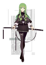  belt black_capelet black_pantyhose black_skirt capelet commentary female frown full_body green_eyes green_hair highres katana loafers long_hair looking_at_viewer necktie original pantyhose sheath sheathed shirt shoes skirt solo sword thighlet tsuki-shigure weapon white_background white_shirt 