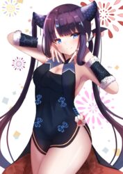  absurdres armpits bare_shoulders black_dress blue_eyes blunt_bangs blush breasts china_dress chinese_clothes cleavage closed_mouth detached_sleeves dress fate/grand_order fate_(series) female firework_background hair_ornament highres long_hair looking_at_viewer medium_breasts purple_hair shibakame short_dress sidelocks smile solo thighs twintails very_long_hair white_background yang_guifei_(fate) yang_guifei_(second_ascension)_(fate) 