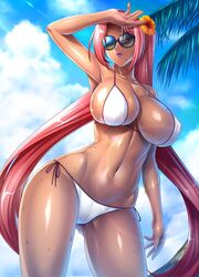  beauty_mark breasts child_bearing_hips clouds curvy dark-skinned_female dark_skin female female_only flower hair_flower huge_breasts human ingrid_(taimanin_asagi) kagami_hirotaka lilith-soft lipstick mole navel outdoors palm_tree perky_breasts pink_hair purple_lipstick side-tie_bikini sky solo standing sunglasses swimsuit taimanin_asagi taimanin_asagi_battle_arena thick_thighs toned tree very_long_hair voluptuous voluptuous_female wet white_bikini wide_hips 