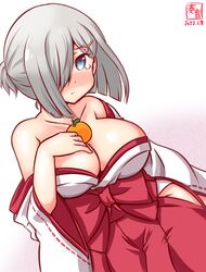  alternate_costume artist_logo blue_eyes breasts cleavage collarbone commentary_request cowboy_shot dated female food food_on_body food_on_breasts fruit grey_hair hair_ornament hair_over_one_eye hairclip hamakaze_(kancolle) hand_on_breasts japanese_clothes kanon_(kurogane_knights) kantai_collection kimono large_breasts mandarin_orange miko off_shoulder one-hour_drawing_challenge oppai_mochi short_hair simple_background solo tears upper_body white_background 