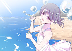  bare_arms bare_shoulders beach black_hair bubble commentary day dress fangs female flower fukumaru_koito futaba_suetsuki hair_flower hair_ornament highres idolmaster idolmaster_shiny_colors looking_at_viewer looking_to_the_side ocean open_mouth outdoors purple_eyes skin_fangs sleeveless sleeveless_dress soap_bubbles solo sundress twintails white_dress 