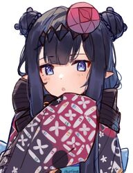  black_hair black_scarf blunt_bangs braid braided_bun commentary double_bun female flower hair_behind_ear hair_bun hair_flower hair_ornament highres hololive hololive_english japanese_clothes kimono long_hair mole mole_under_eye ninomae_ina&#039;nis ninomae_ina&#039;nis_(new_year) official_alternate_hairstyle open_mouth orinte pointy_ears portrait purple_eyes purple_kimono scarf sidelocks sleeves_past_fingers sleeves_past_wrists solo twitter_username virtual_youtuber white_background 