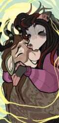  2023 absurd_res american_opossum anthro black_hair blush brown_body brown_hair closed_eyes clothed clothing deer dreadlocks duo grey_body hair hi_res horn kissing mammal marsupial nitani simple_background 