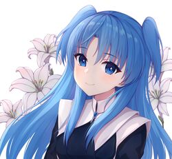  absurdres blue_eyes blue_hair chtholly_nota_seniorious closed_mouth female floral_background flower hair_between_eyes highres jewelry lily_(flower) long_hair nanguadeng pendant shuumatsu_nani_shitemasu_ka? smile solo two_side_up upper_body very_long_hair white_background white_flower white_lily 