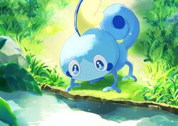  bad_id bad_pixiv_id blue_eyes bright_pupils commentary_request day grass highres light_rays lizard looking_down mojamoja_aa no_humans outdoors pokemon pokemon_(creature) rock sobble solo water white_pupils 