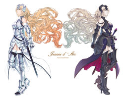  2girls armor blonde_hair blue_eyes character_name copyright_name dual_persona fate/apocrypha fate/grand_order fate_(series) floating_hair highres jeanne_d&#039;arc_(fate) jeanne_d&#039;arc_(third_ascension)_(fate) jeanne_d&#039;arc_alter_(avenger)_(fate) jeanne_d&#039;arc_alter_(avenger)_(third_ascension)_(fate) jeanne_d&#039;arc_alter_(fate) long_hair looking_up multiple_girls takeda_yuuko very_long_hair white_background 