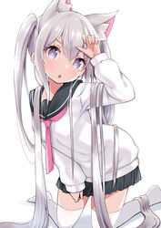  absurdres animal_ear_fluff animal_ears arm_up character_request commentary_request copyright_request extra_ears female grey_hair highres kneeling leaning_forward long_hair long_sleeves multicolored_eyes open_mouth original pleated_skirt school_uniform serafuku simple_background siragagaga skirt solo sweater thighhighs very_long_hair white_background white_thighhighs zettai_ryouiki 