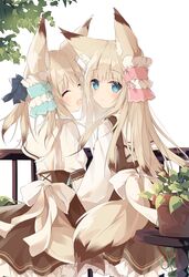  2girls :d ^_^ animal_ear_fluff animal_ears blue_bow bow brown_dress brown_hair closed_eyes closed_mouth commentary_request dress fox_ears fox_girl fox_tail hairbow highres kushida_you light_brown_hair long_hair long_sleeves looking_at_viewer looking_back multicolored_hair multiple_girls open_mouth original plant potted_plant puffy_short_sleeves puffy_sleeves railing shirt short_sleeves simple_background sleeveless sleeveless_dress smile streaked_hair table tail very_long_hair white_background white_shirt 