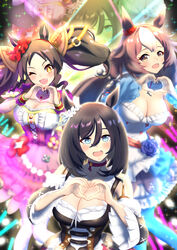  +_+ 3girls animal_ears black_hair blue_eyes blush breasts brown_eyes brown_hair cleavage cleavage_cutout clothing_cutout collarbone commentary_request detached_sleeves dress ear_ornament eishin_flash_(umamusume) hair_between_eyes hair_ornament heart heart_hands highres horse_ears horse_girl long_hair looking_at_viewer marvelous_sunday_(umamusume) md5_mismatch medium_breasts medium_hair multicolored_hair multiple_girls oerba_yun_fang one_eye_closed open_mouth sparkle streaked_hair tomotan_(pixiv_30448887) twintails umamusume white_hair yamanin_zephyr_(umamusume) yellow_eyes 