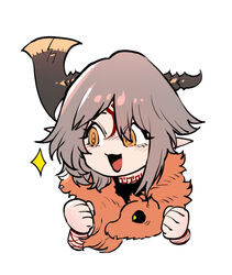  :d arm_tattoo axe axehorn_(ssambatea) facial_tattoo female grey_hair hands_up horns korean_commentary open_mouth original pelt pointy_ears ringed_eyes simple_background smile solo sparkle ssambatea tattoo upper_body white_background yellow_eyes 