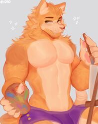  anthro bulge dionelart domestic_cat easel felid feline felis hi_res male mammal muscular muscular_male paint paint_palette pecs short smile solo 