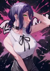  absurdres bare_shoulders black_collar black_ribbon black_shorts blush breasts chainsaw_man collar collared_shirt female green_eyes grenade_pin hair_between_eyes hair_bun highres illian-san lips looking_at_viewer medium_breasts medium_hair nose_blush parted_lips purple_hair reze_(chainsaw_man) ribbon seductive_smile shirt shorts single_hair_bun sleeveless sleeveless_shirt smile solo white_shirt 