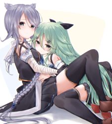  2girls absurdres black_gloves black_ribbon black_serafuku black_skirt black_thighhighs blue_neckerchief braid detached_sleeves elbow_gloves gloves green_eyes green_hair grey_hair hair_between_eyes hair_flaps hair_ornament hair_ribbon hair_tie hairclip highres kanae_(inorin05kanae) kantai_collection long_hair multiple_girls neckerchief parted_bangs pleated_skirt ribbon school_uniform serafuku shirt sidelocks single_braid skirt sleeveless sleeveless_shirt thighhighs umikaze_(kancolle) umikaze_kai_ni_(kancolle) very_long_hair yamakaze_(kancolle) 