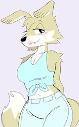  5:8 anthro blinky_bill_(series) breasts canid canine canis clothed clothing daisy_dingo digital_media_(artwork) dingo female fur hi_res lipstick looking_at_viewer makeup mammal pink_lipstick puppkittyfan1 simple_background smile solo tan_body tan_fur 