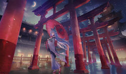  animal_ears building denki japanese_clothes long_hair moon night original scenic snow torii umbrella 