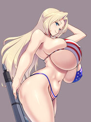  alternate_breast_size american_flag american_flag_bikini american_flag_print ass bikini blonde_hair blue_eyes breasts covered_nipples cowboy_shot female flag_print from_side grey_background gun highleg highleg_swimsuit hornet_(kancolle) huge_breasts kantai_collection kawanuma_uotsuri long_hair looking_at_viewer navel print_bikini rifle sideways_glance simple_background smile swimsuit underboob weapon weapon_behind_back 