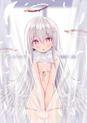  angel angel_wings bikini blush covering_crotch covering_privates curtain_grab curtains feathered_wings feathers female flat_chest front-tie_bikini_top front-tie_top hair_between_eyes halo highres long_hair looking_at_viewer low_wings mechanical_halo neck_ruff o-ring open_mouth original pink_eyes see-through side-tie_bikini_bottom siragagaga solo swimsuit symbol-shaped_pupils v_arms very_long_hair white_bikini white_hair wings 