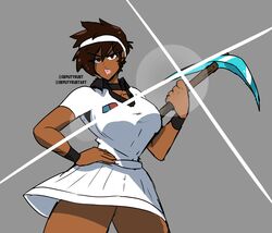  animification artist_name breasts brown_hair dark-skinned_female dark_skin deputy_rust english_commentary female grey_background hand_on_own_hip highres holding holding_pickaxe large_breasts looking_to_the_side minecraft minecraft_pickaxe pickaxe shiny short_hair skirt solo sportswear super_smash_bros. tennis_alex_(minecraft) tennis_uniform thick_lips white_skirt 