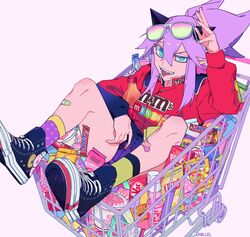  artist_name asymmetrical_legwear bandaid bandaid_on_leg black_footwear blue_eyes candy candy_bar candy_wrapper converse eyewear_on_head female food haribo high_tops highres in_shopping_cart jacket kitkat lay&#039;s_(potato_chips) lollipop long_sleeves looking_at_viewer m&amp;m&#039;s medium_hair mentos mismatched_legwear nissin_cup_noodle original par0llel pocky product_placement purple_eyes purple_hair ramune red_jacket shoes shopping_cart simple_background skittles sneakers snickers_(brand) solo sunglasses twix white_background wrapped_candy 