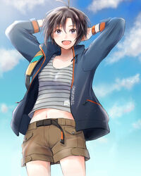  antenna_hair arms_behind_head black_hair cowboy_shot day female grey_eyes highres idolmaster idolmaster_(classic) iso_(nh15mint) jacket kikuchi_makoto navel open_mouth outdoors shirt short_hair short_shorts shorts sky smile solo striped_clothes striped_shirt 