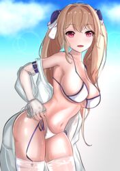  absurdres anchorage_(azur_lane) anchorage_(dolphins_and_swim_lessons)_(azur_lane) armpits azur_lane bare_shoulders bikini blonde_hair breasts cleavage cloud collarbone english_commentary female hair_between_eyes highres jacket large_breasts leaning_forward looking_at_viewer navel official_alternate_costume pakciknasilemak parted_lips red_eyes see-through see-through_jacket sidelocks sky stomach sweat swimsuit twintails 