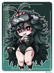  :d antenna_hair azur_lane bodysuit braid character_name chibi commentary_request copyright_name covered_navel dark_green_hair diving_mask diving_mask_on_head diving_suit female full_body goggles goggles_on_head green_background green_hair groin hair_between_eyes hands_up highleg_springsuit kurono leg_tattoo long_hair looking_at_viewer open_mouth red_eyes shaded_face sidelocks simple_background skindentation smile solo springsuit standing swimsuit tattoo thick_thighs thighs torricelli_(azur_lane) twitter_username very_long_hair wetsuit 