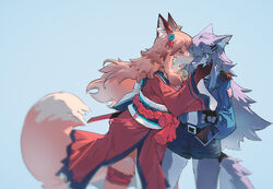  2girls absurdres ahoge animal_ear_fluff animal_ears belt black_gloves blue_background blue_eyes blue_jacket blue_shorts blush body_fur closed_eyes cowboy_shot dropping ear_piercing fingerless_gloves flower fox_ears fox_girl fox_tail from_side furry furry_female furry_with_furry gloves grey_fur grey_hair hair_flower hair_ornament hand_on_another&#039;s_face hand_on_another&#039;s_shoulder highres jacket japanese_clothes kimono kissing long_hair long_sleeves multiple_girls navel obi obijime orange_fur orange_hair original phone piercing profile red_kimono sash shiiorina shorts simple_background standing surprise_kiss surprised tail tassel tassel_hair_ornament thigh_strap union_jack wide-eyed wide_sleeves wolf_ears wolf_girl wolf_tail x_hair_ornament yuri 