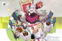  3girls absurdly_long_hair alisa_(kuro_no_sakura) anger_vein azur_lane bare_shoulders black_flower black_footwear black_hairband blonde_hair blue_eyes blue_jacket bound bound_legs bound_wrists chair crown cuffs detached_collar detached_sleeves dress evening_gown flat_chest flower food frilled_dress frills from_above fur_hat gold_trim hair_flower hair_ornament hairband hat highres holding holding_crown jacket layered_dress long_hair manjuu_(azur_lane) multiple_girls official_alternate_costume official_art one_eye_closed promotional_art queen_elizabeth_(azur_lane) queen_elizabeth_(the_queen&#039;s_ball)_(azur_lane) red_dress red_eyes royal_navy_emblem_(azur_lane) second-party_source shackles sleeveless sleeveless_dress thighhighs twintails valiant_(azur_lane) valiant_(queen_valiant_i)_(azur_lane) very_long_hair warspite_(azur_lane) white_thighhighs 