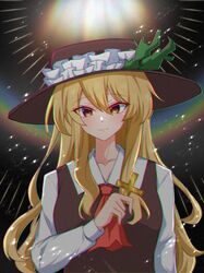  ascot blonde_hair blush breasts brown_hat brown_vest chromatic_aberration collarbone collared_shirt commentary_request cross female frilled_hat frills hat hat_feather highres holding holding_cross jacket_girl_(dipp) long_hair long_sleeves red_ascot shirt small_breasts smile solo tasuku_(tusktouhou4) touhou upper_body vest wavy_hair white_shirt yellow_eyes 