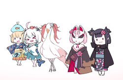  bag bagged_fish beak bird black_hair bloop_(gawr_gura) double_bun feathers fins fish fish_tail fox_mask full_body gawr_gura gawr_gura_(new_year) hair_bun highres hololive hololive_english holomyth japanese_clothes kimono long_hair long_sleeves mask mori_calliope mori_calliope_(new_year) multiple_girls ninomae_ina&#039;nis ninomae_ina&#039;nis_(new_year) obi off_shoulder official_alternate_costume open_mouth pink_hair sash shark_tail short_hair simple_background smile tail takanashi_kiara takanashi_kiara_(phoenix) twintails virtual_youtuber watson_amelia watson_amelia_(new_year) wide_sleeves wings yaguo 