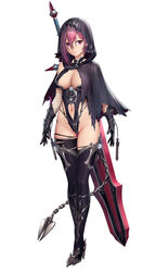  artwhirl_mahou_gakuen_no_otome-tachi black_thighhighs boots breasts cleavage_cutout clothing_cutout female full_body gauntlets highleg highleg_leotard hilda_(artwhirl) hood huge_weapon large_breasts leotard mana_(remana) navel official_art photoshop_(medium) purple_eyes red_hair revealing_clothes simple_background solo standing tachi-e thigh_boots thighhighs weapon weapon_on_back white_background 