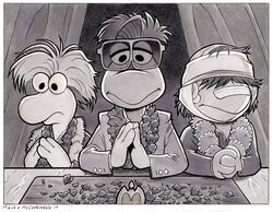  2019 band-aid bandage boober_fraggle border bruce_mccorkindale crossover eyewear floral flower flower_garland flower_necklace fraggle fraggle_rock garland glasses gobo_fraggle greyscale group hi_res monochrome muppet muppets parody plant praying signature sunglasses tape the_darjeeling_limited tracie_mauk wembley_fraggle wes_anderson white_border 