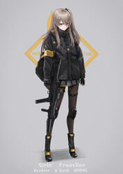  absurdres ankle_boots armband bag black_clothes black_footwear black_gloves black_pantyhose boots brown_eyes chinese_commentary closed_mouth collar commentary_request copyright_name english_text female fingerless_gloves frown full_body german_flag germany girls&#039;_frontline gloves grey_background grey_hair gun h&amp;k_ump hair_between_eyes hair_ornament highres holding holding_gun holding_weapon jacket knee_pads long_hair long_sleeves looking_at_viewer official_alternate_costume one_side_up pantyhose pleated_skirt scar scar_across_eye scar_on_face scope shadow shell_jacket shoelaces simple_background skirt solo standing submachine_gun suppressor thigh_strap trigger_discipline umi_okami_kun ump45_(girls&#039;_frontline) ump45_(winter_journey)_(girls&#039;_frontline) uniform weapon yellow_armband 