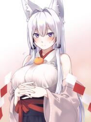  absurdres animal_ear_fluff animal_ears bare_shoulders breasts closed_mouth commentary_request detached_sleeves female flying_sweatdrops food food_on_body food_on_breasts fox_ears fox_girl fruit gradient_background hair_ribbon highres japanese_clothes large_breasts long_hair long_sleeves looking_at_viewer mandarin_orange nail_polish new_year oppai_mochi original own_hands_together pink_nails red_background ribbon sash shide sidelocks smile solo sweatdrop tamamo_(yagi) tress_ribbon upper_body white_background white_hair yagi_(ningen) 