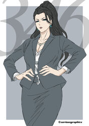  belt black_hair blazer border breasts business_suit cleavage commentary_request earrings executive_mishiro female formal green_eyes hands_on_own_hips high_ponytail highres idolmaster idolmaster_cinderella_girls jacket jewelry large_breasts long_hair necklace office_lady open_clothes open_jacket serious_graphics shirt single_sidelock skirt skirt_suit solo standing suit white_border white_shirt 