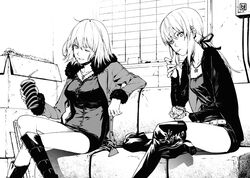  2girls ahoge artoria_pendragon_(fate) belt blouse boots box breasts burger commentary_request couch crossed_legs drinking_straw eating fate/grand_order fate_(series) food greyscale holding indoors jacket jeanne_d&#039;arc_alter_(fate) jeanne_d&#039;arc_alter_(ver._shinjuku_1999)_(fate) jewelry long_hair looking_at_viewer monochrome multiple_girls necklace official_alternate_costume one_eye_closed ponytail saber_alter saber_alter_(ver._shinjuku_1999)_(fate) shirt short_hair sitting sweater usui_ryuu 