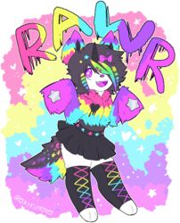  2020 absurd_res alpha_channel alternative_fashion anthro biped black_bottomwear black_clothing black_hair black_inner_ear black_skirt bottomwear bow_(feature) canid canine clothed clothing colorful_background colorful_theme conditional_dnp coontail_hair crossdressing decora_(fashion) digital_drawing_(artwork) digital_media_(artwork) fairy_kei femboy firelight&#039;s_respite_(ikitsunyan) flat_colors footwear fox fur hair heart_eyes heart_symbol hi_res highlights_(coloring) homeroom_(ikitsunyan) horn ikitsunyan j-fashion male mammal multicolored_body multicolored_fur multicolored_highlights nonbinary_(lore) open_mouth pupils rainbow rainbow_body rainbow_fur rainbow_highlights scene_(fashion) scene_haircut shoes sindri_firestar_(ikitsunyan) skirt solo sparklefur sweater symbol-shaped_pupils text tongue tongue_out topwear unusual_pupils white_body white_fur 