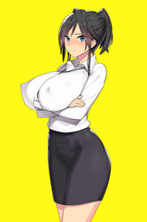  black_hair blush breast_rest breasts commentary_request covered_nipples cowboy_shot crossed_arms dress_shirt female high-waist_skirt large_breasts looking_at_viewer mature_female munashi_mujou netorase original pencil_skirt ponytail shirt skin_tight skindentation skirt smile solo standing unbuttoned yellow_background 