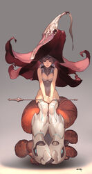  bad_id bad_pixiv_id bare_shoulders brown_hair closed_mouth collarbone covered_collarbone covered_navel female flower flower_hat gradient grey_background hat highres holding holding_wand large_hat leotard mushroom nishiki_areku original short_hair signature sitting skindentation solo turtleneck wand white_footwear white_legwear witch witch_hat 