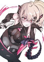  absurdres black_gloves breasts cleavage elbow_gloves female glasses gloves highres indie_virtual_youtuber large_breasts long_hair looking_at_viewer mechanical_tail red_eyes saruei_(vtuber) saruei_(vtuber)_(1st_costume) sevaaru tail virtual_youtuber white_hair 