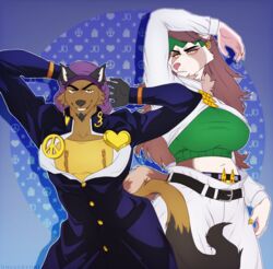  anthro cosplay crossover crossover_cosplay duo ear_piercing female gauged_ear herpestid hi_res jojo&#039;s_bizarre_adventure jojo_pose josuke_higashikata looking_at_viewer male mammal mochi_(unluckyoni) mongoose piercing procyonid raccoon rohan_kishibe size_difference smile unluckyoni will_delrio_(sketchybug) 