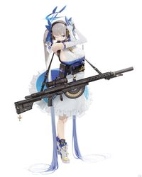  absurdres acog adjusting_bow adjusting_hair aronman bipod blue_bow blue_dress blue_eyes blue_footwear bow breasts chauchat commission dress female frilled_dress frilled_skirt frills full_body grey_hair gun hairband hairbow highres large_breasts long_hair machine_gun maid original scope sideboob skirt solo standing strap suppressor trijicon_rmr twintails two-tone_dress two-tone_footwear very_long_hair weapon white_background white_dress white_footwear 