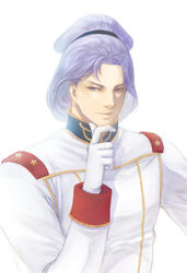  1boy gundam hand_on_own_chin highres long_hair looking_down male_focus military military_uniform paptimus_scirocco purple_hair solo takeda_yuuko thinking uniform white_background zeta_gundam 