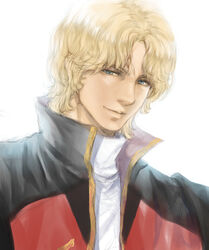  1boy blonde_hair blue_eyes char_aznable close-up gundam light_smile looking_down male_focus military military_uniform quattro_bajeena solo takeda_yuuko uniform white_background zeta_gundam 